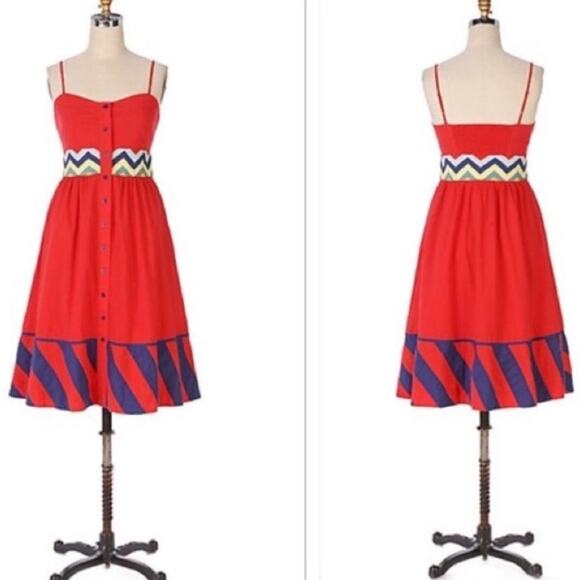 Anthropologie Lithe Carnival French Girl Chevron Red Button Front Dress XS/S - Picture 1 of 6
